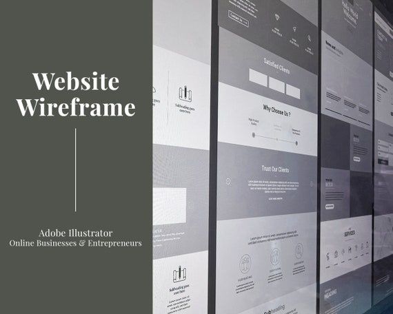 Gråskaliga webbwireframes visas på flera paneler bredvid rubriken Website Wireframe